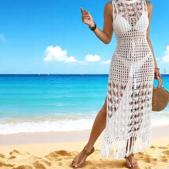 Boho White Fringe Crochet Cover Up - Picture 7 of 8